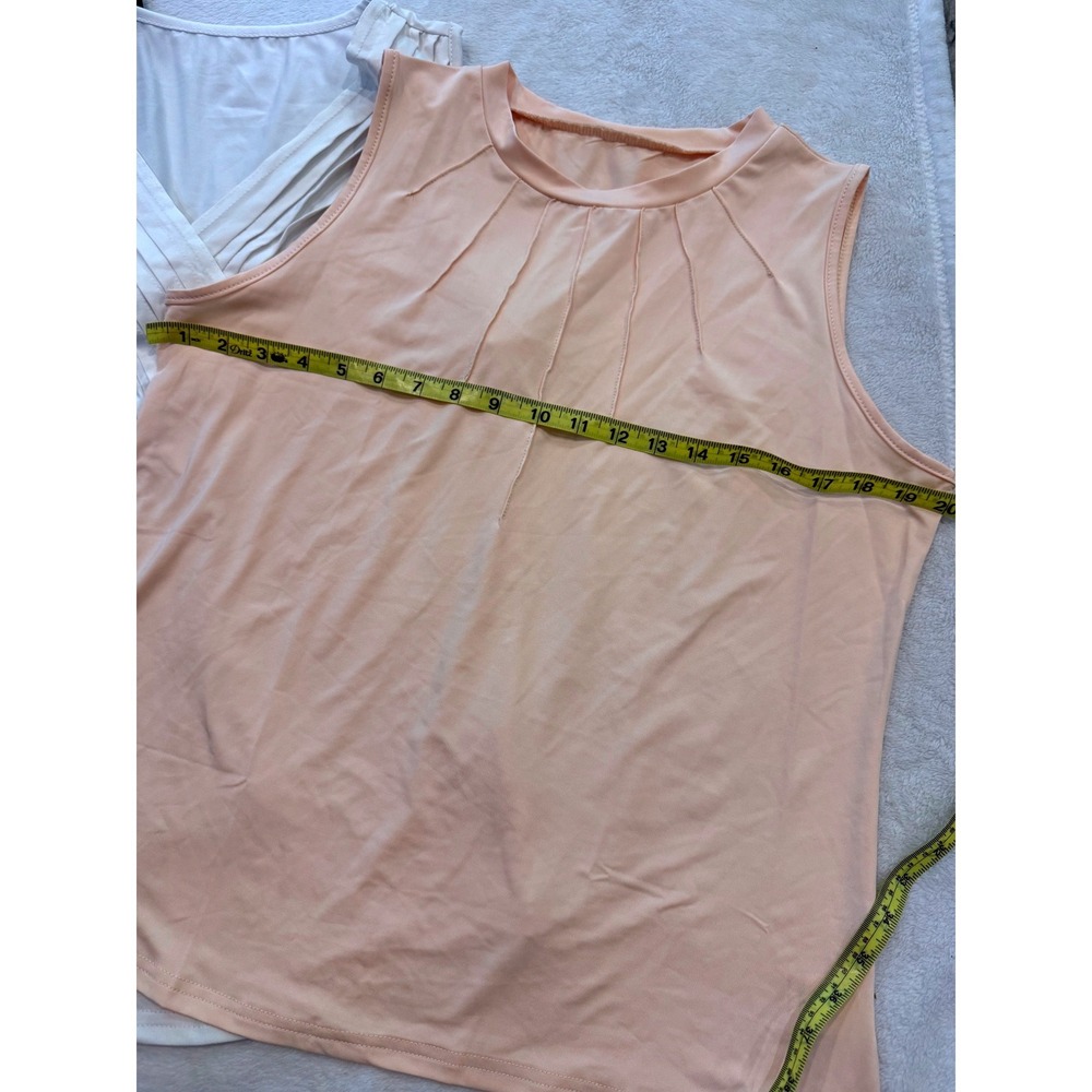 Lot of 3 Sleeveless Pleated V-Neck Round Neck Blouse Tops Black White Peach L - Picture 2 of 6